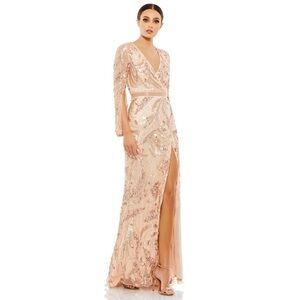 MAC DUGGAL Rose Gold Sequined faux wrap split long sleeve gown 16 NWT